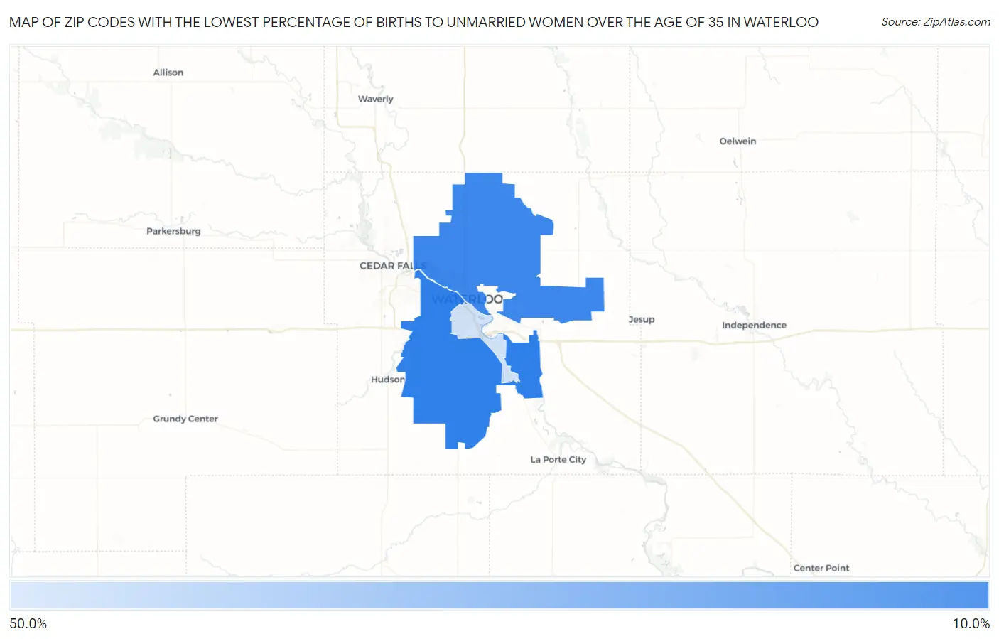 Zip Codes with the Lowest Percentage of Births to Unmarried Women over the Age of 35 in Waterloo Map