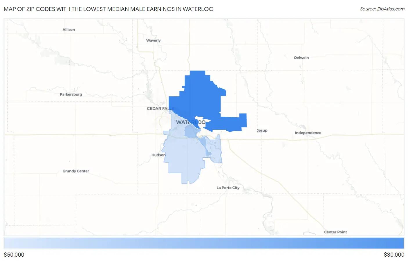 Zip Codes with the Lowest Median Male Earnings in Waterloo Map