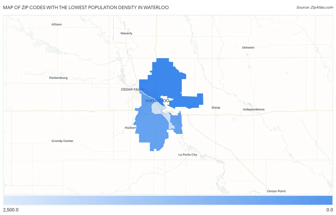 Zip Codes with the Lowest Population Density in Waterloo Map