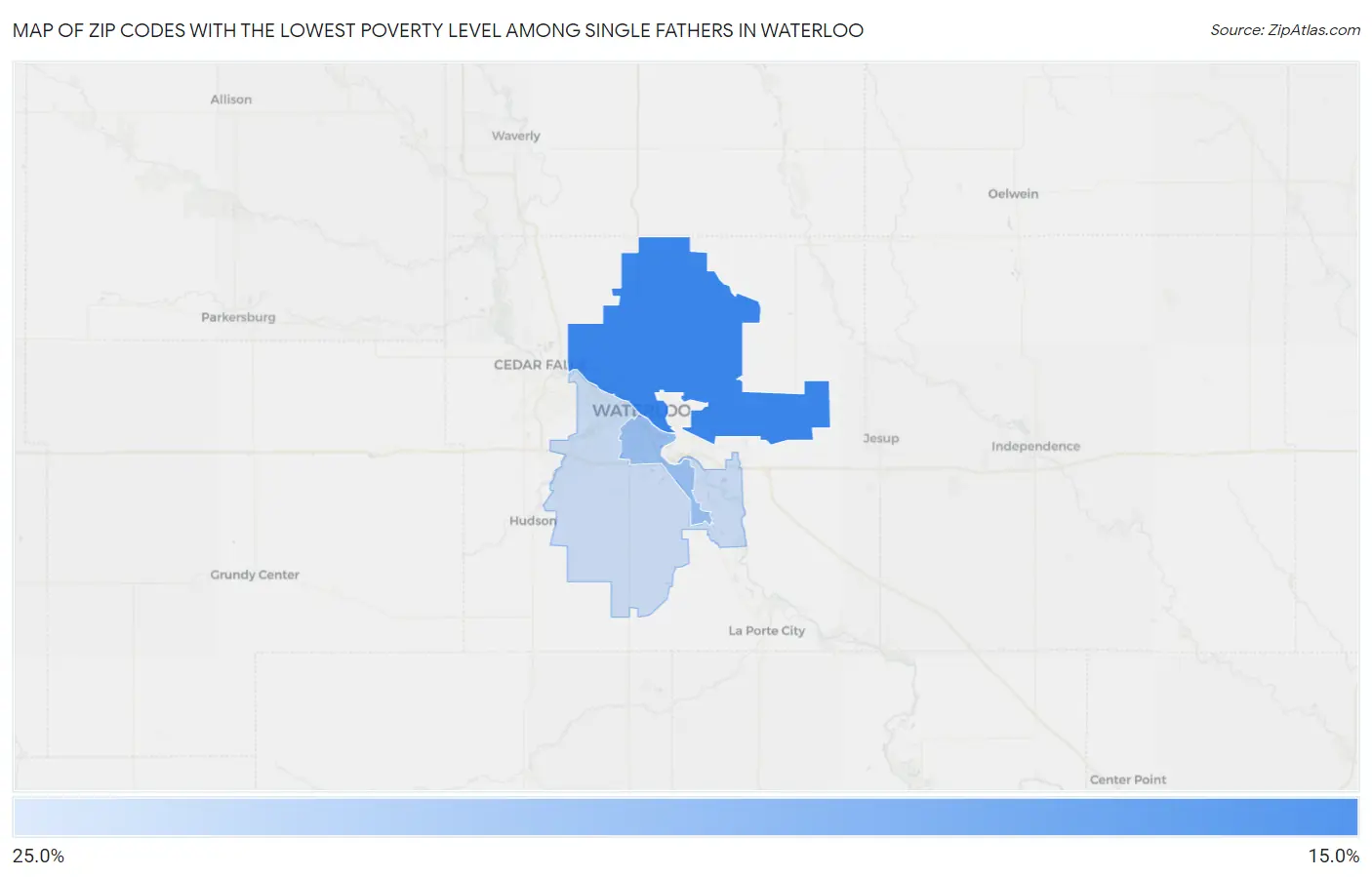 Zip Codes with the Lowest Poverty Level Among Single Fathers in Waterloo Map