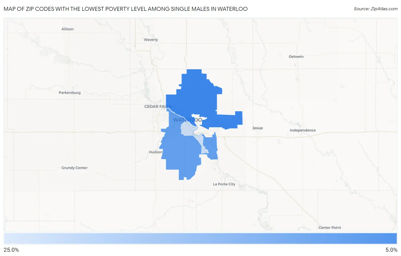 Zip Codes with the Lowest Poverty Level Among Single Males in Waterloo Map