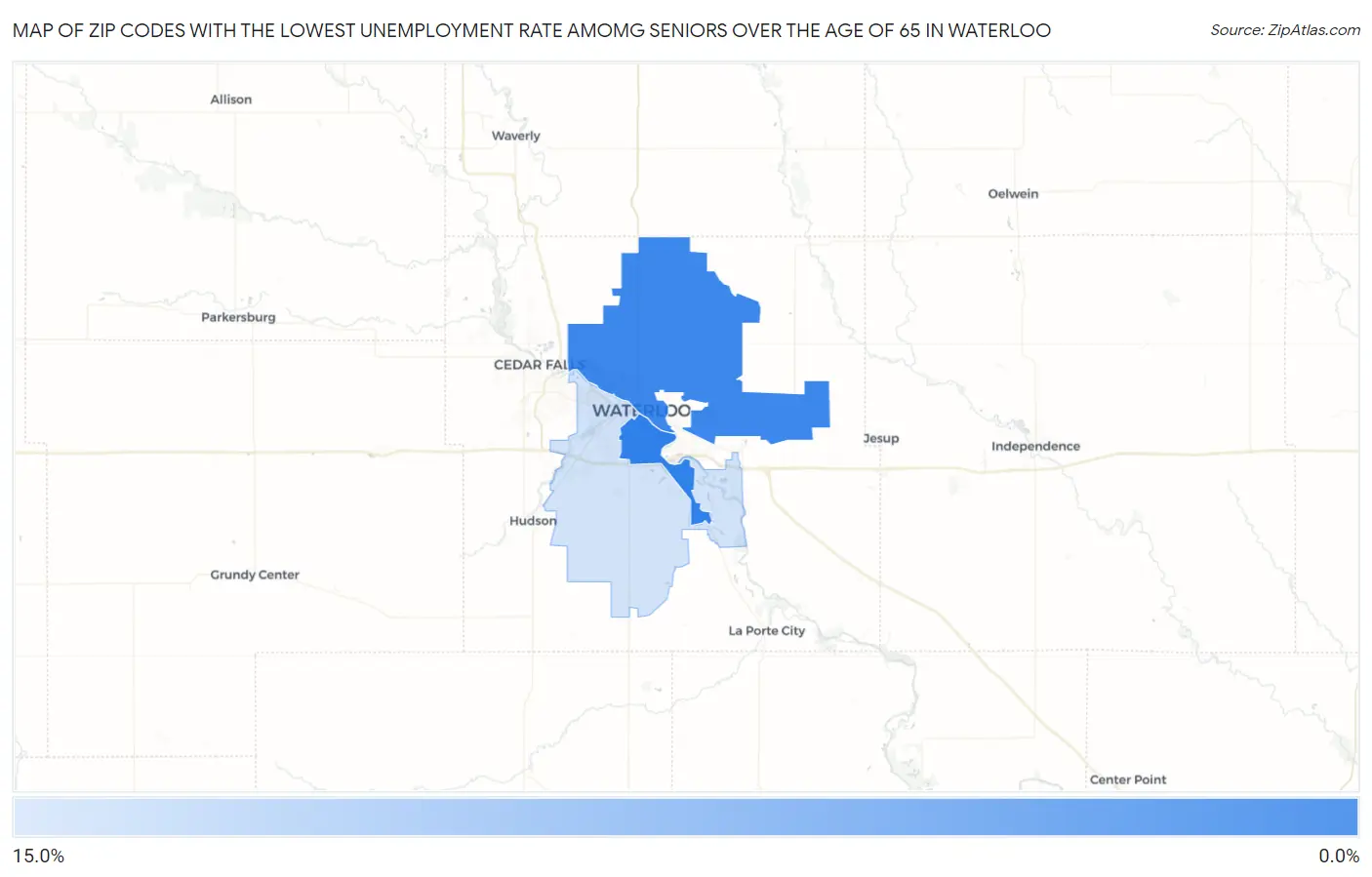 Zip Codes with the Lowest Unemployment Rate Amomg Seniors Over the Age of 65 in Waterloo Map