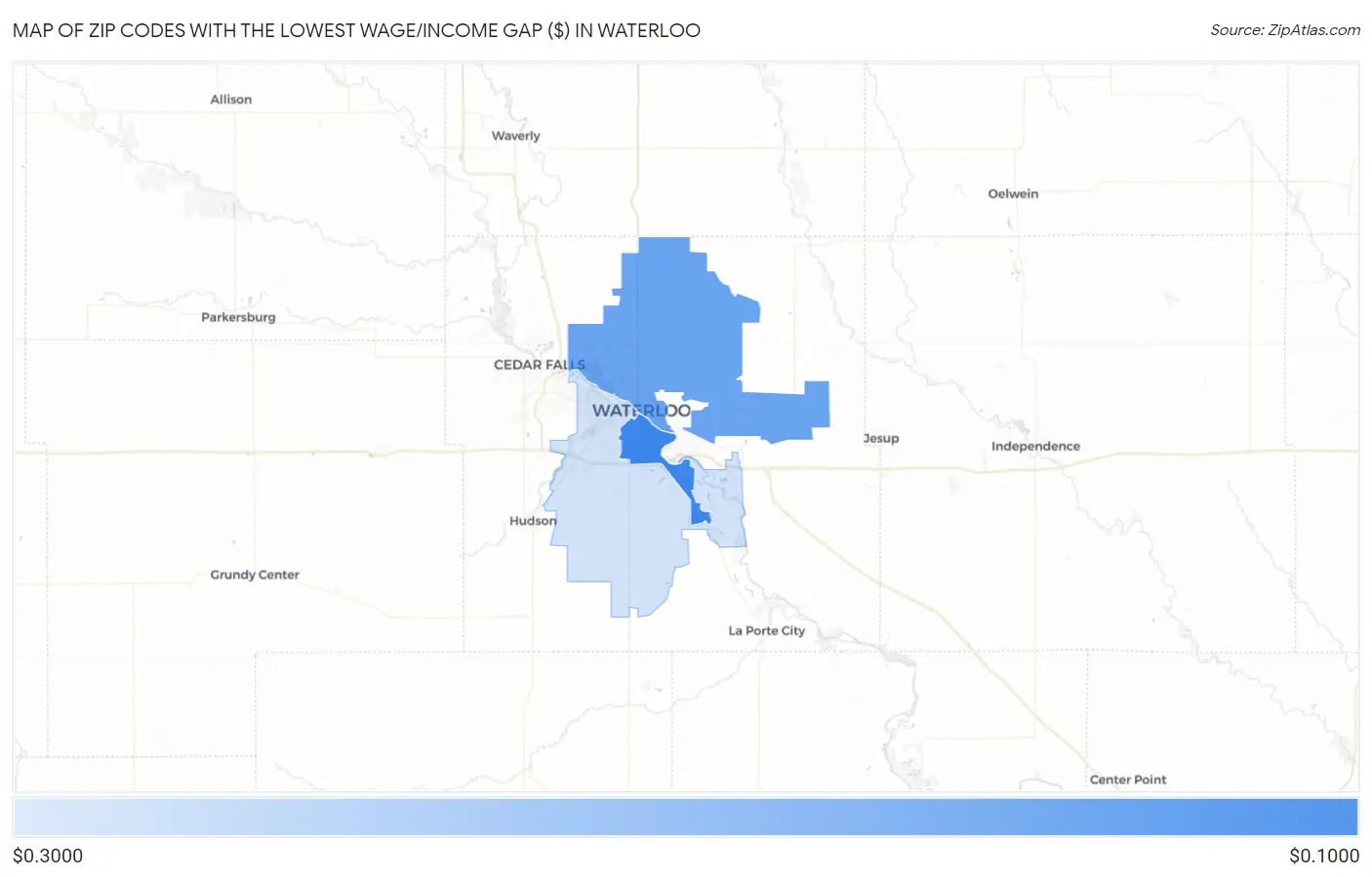 Zip Codes with the Lowest Wage/Income Gap ($) in Waterloo Map