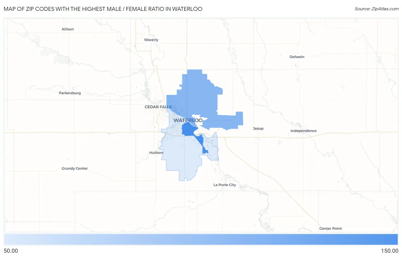 Zip Codes with the Highest Male / Female Ratio in Waterloo Map