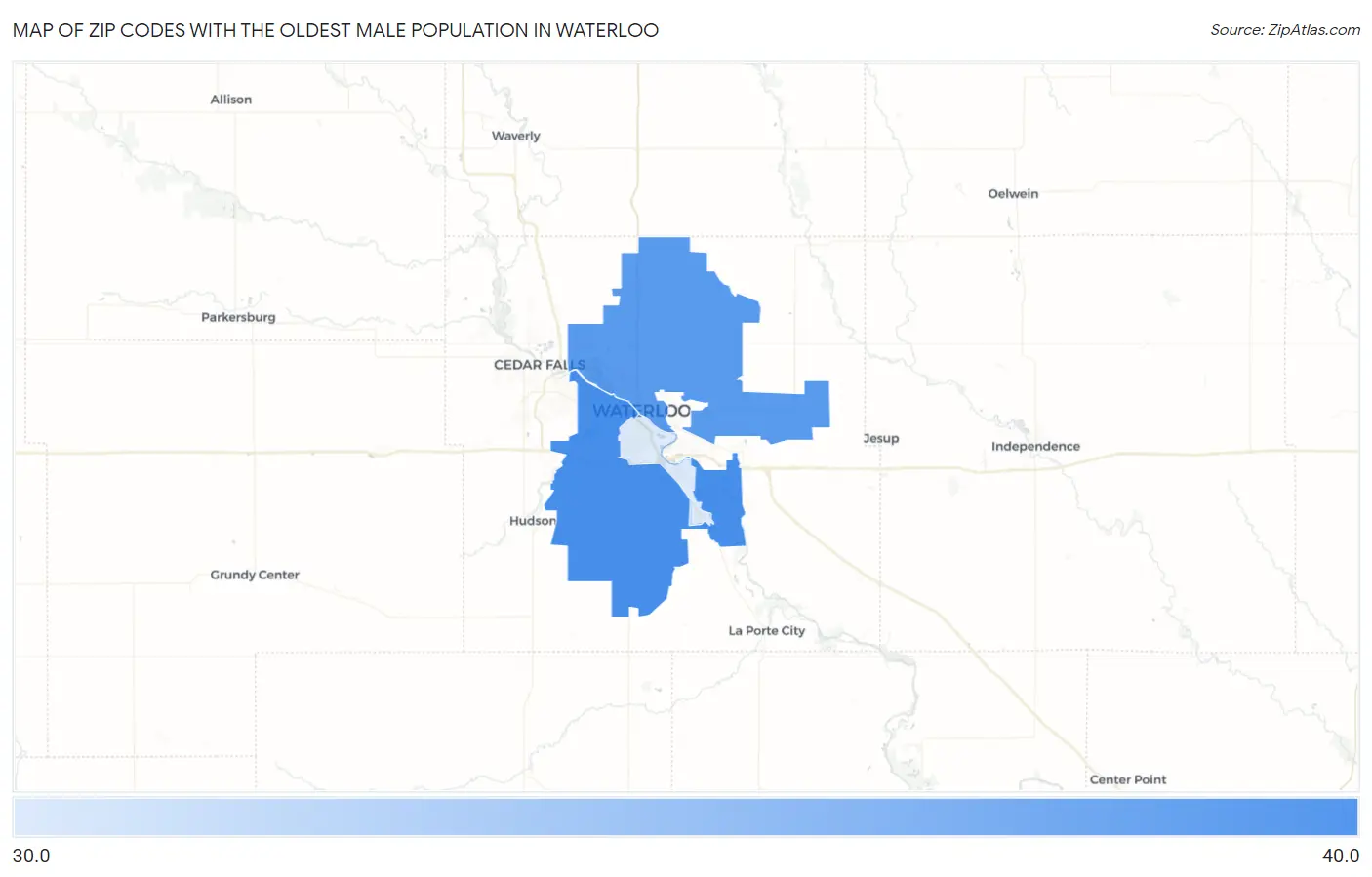 Zip Codes with the Oldest Male Population in Waterloo Map