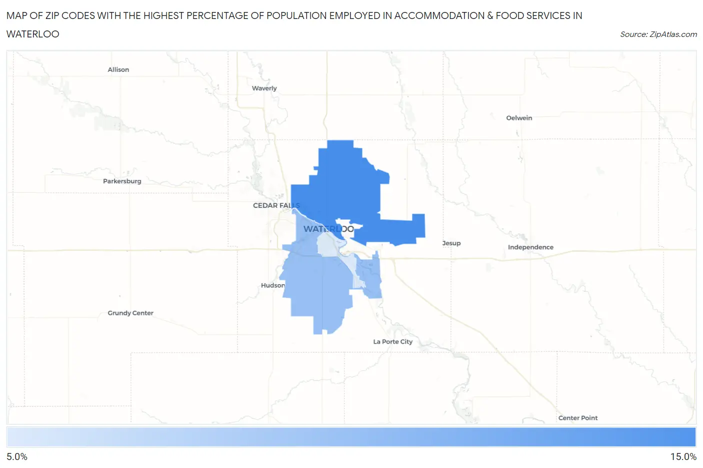 Zip Codes with the Highest Percentage of Population Employed in Accommodation & Food Services in Waterloo Map