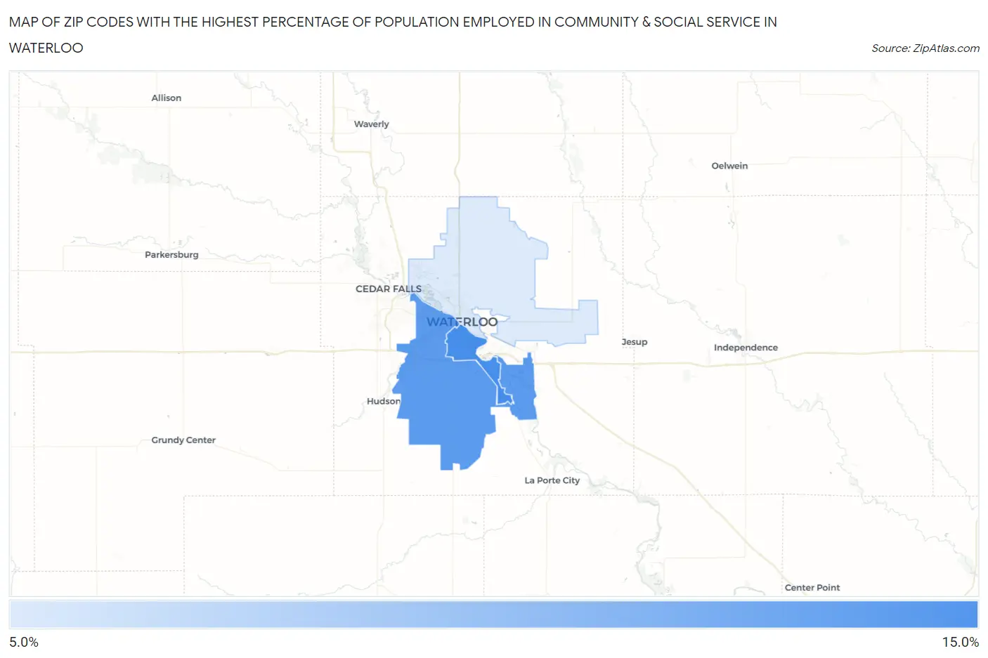 Zip Codes with the Highest Percentage of Population Employed in Community & Social Service  in Waterloo Map