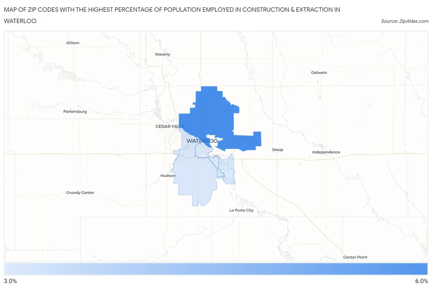 Zip Codes with the Highest Percentage of Population Employed in Construction & Extraction in Waterloo Map