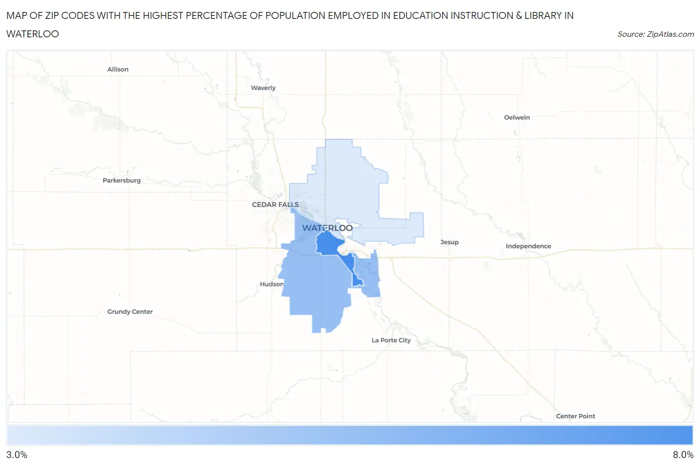 Zip Codes with the Highest Percentage of Population Employed in Education Instruction & Library in Waterloo Map