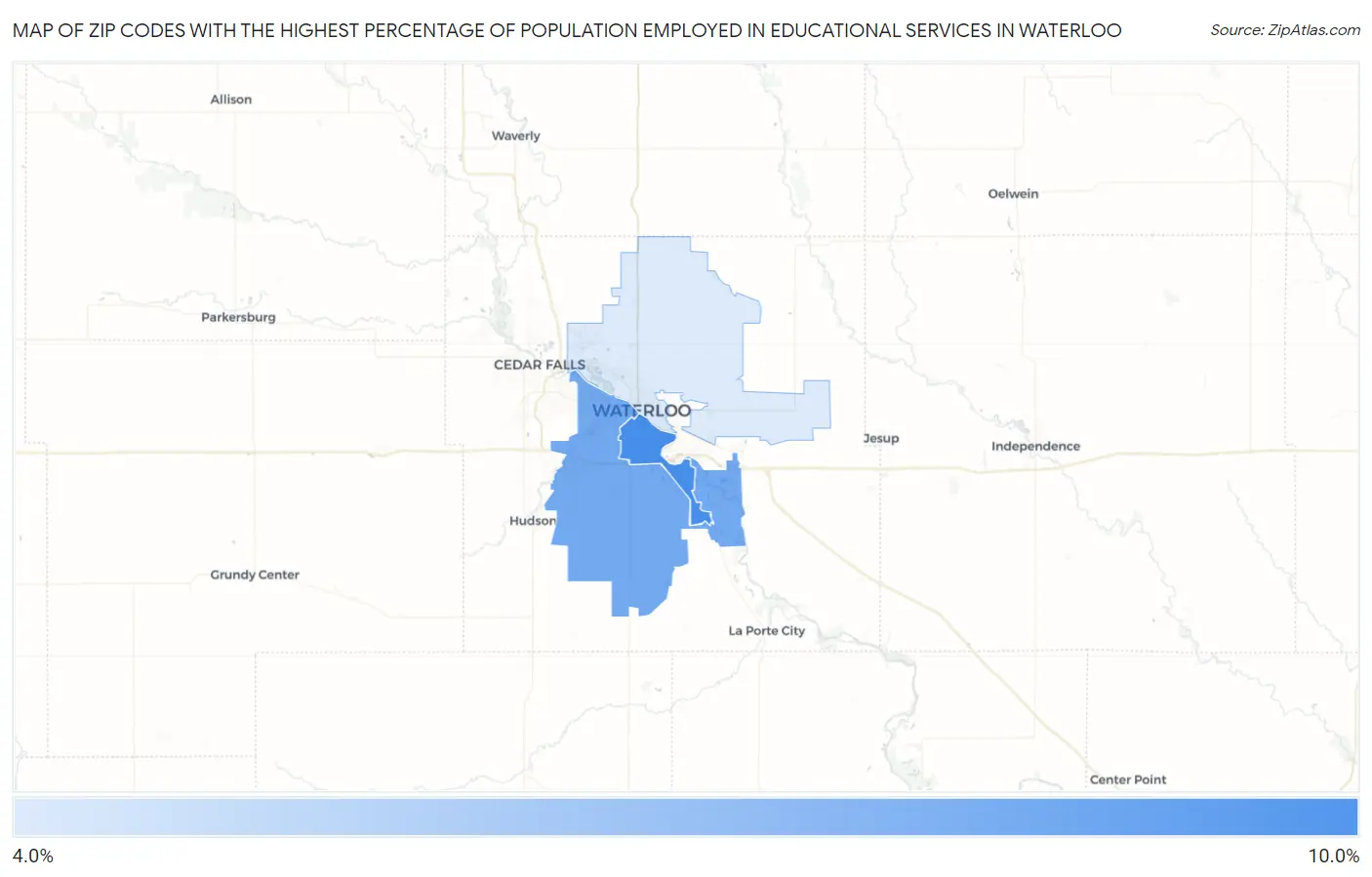 Zip Codes with the Highest Percentage of Population Employed in Educational Services in Waterloo Map