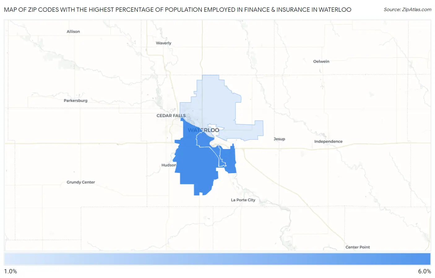 Zip Codes with the Highest Percentage of Population Employed in Finance & Insurance in Waterloo Map