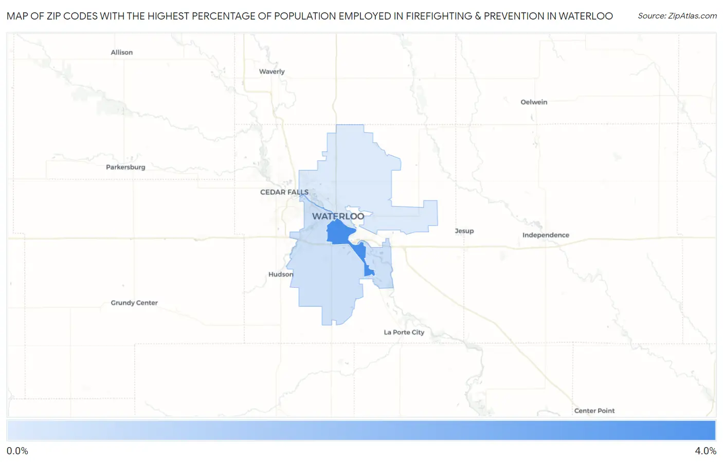 Zip Codes with the Highest Percentage of Population Employed in Firefighting & Prevention in Waterloo Map