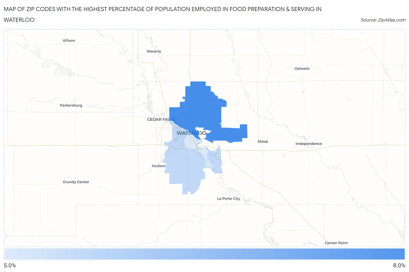 Zip Codes with the Highest Percentage of Population Employed in Food Preparation & Serving in Waterloo Map