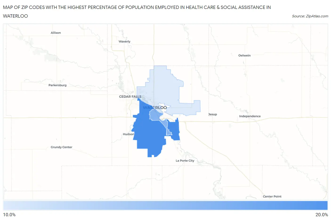 Zip Codes with the Highest Percentage of Population Employed in Health Care & Social Assistance in Waterloo Map