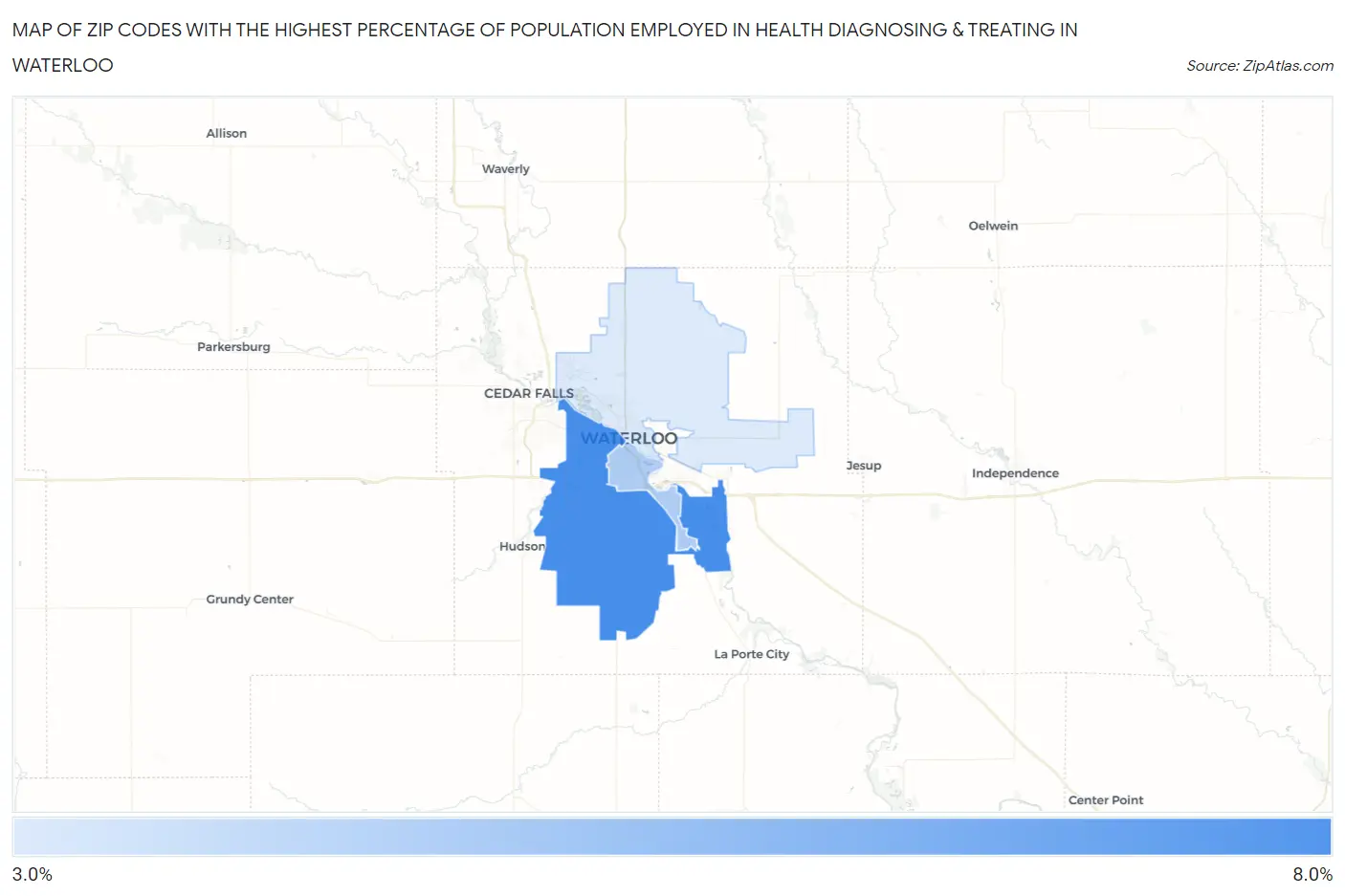 Zip Codes with the Highest Percentage of Population Employed in Health Diagnosing & Treating in Waterloo Map