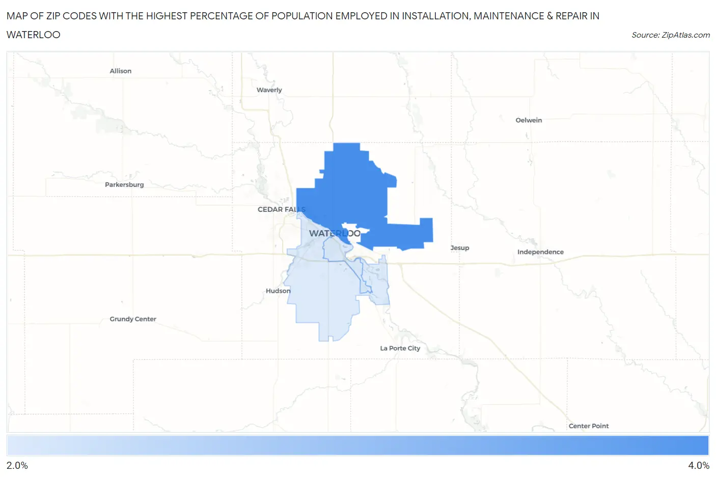 Zip Codes with the Highest Percentage of Population Employed in Installation, Maintenance & Repair in Waterloo Map