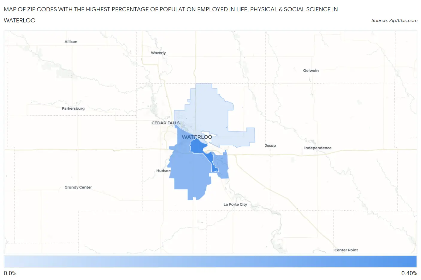 Zip Codes with the Highest Percentage of Population Employed in Life, Physical & Social Science in Waterloo Map