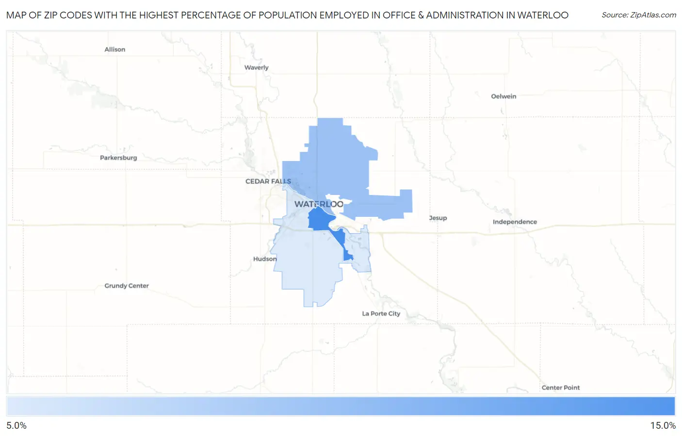 Zip Codes with the Highest Percentage of Population Employed in Office & Administration in Waterloo Map