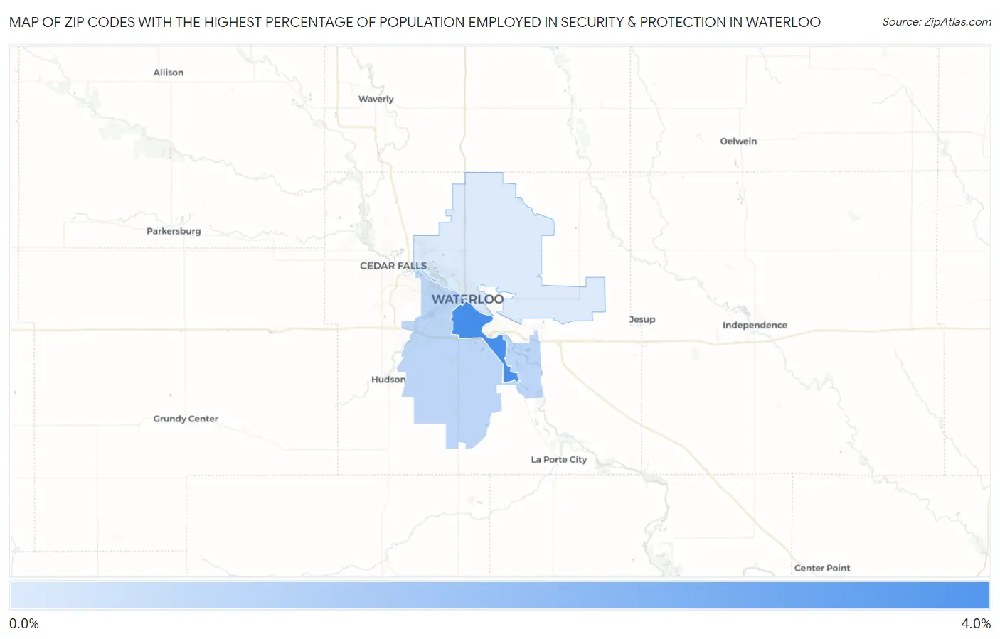 Zip Codes with the Highest Percentage of Population Employed in Security & Protection in Waterloo Map