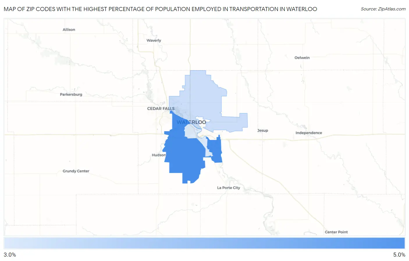 Zip Codes with the Highest Percentage of Population Employed in Transportation in Waterloo Map