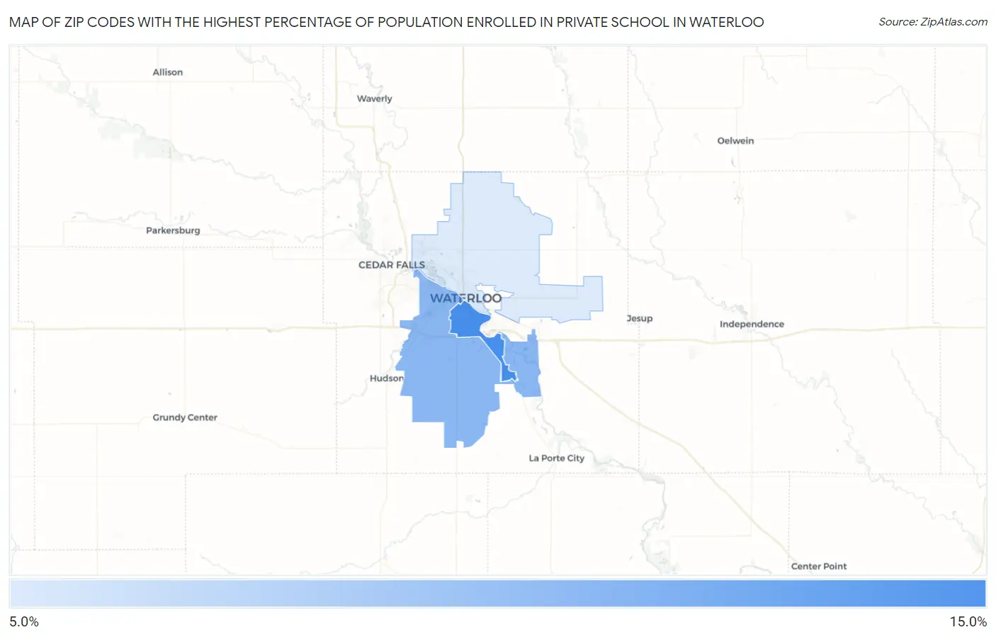 Zip Codes with the Highest Percentage of Population Enrolled in Private School in Waterloo Map