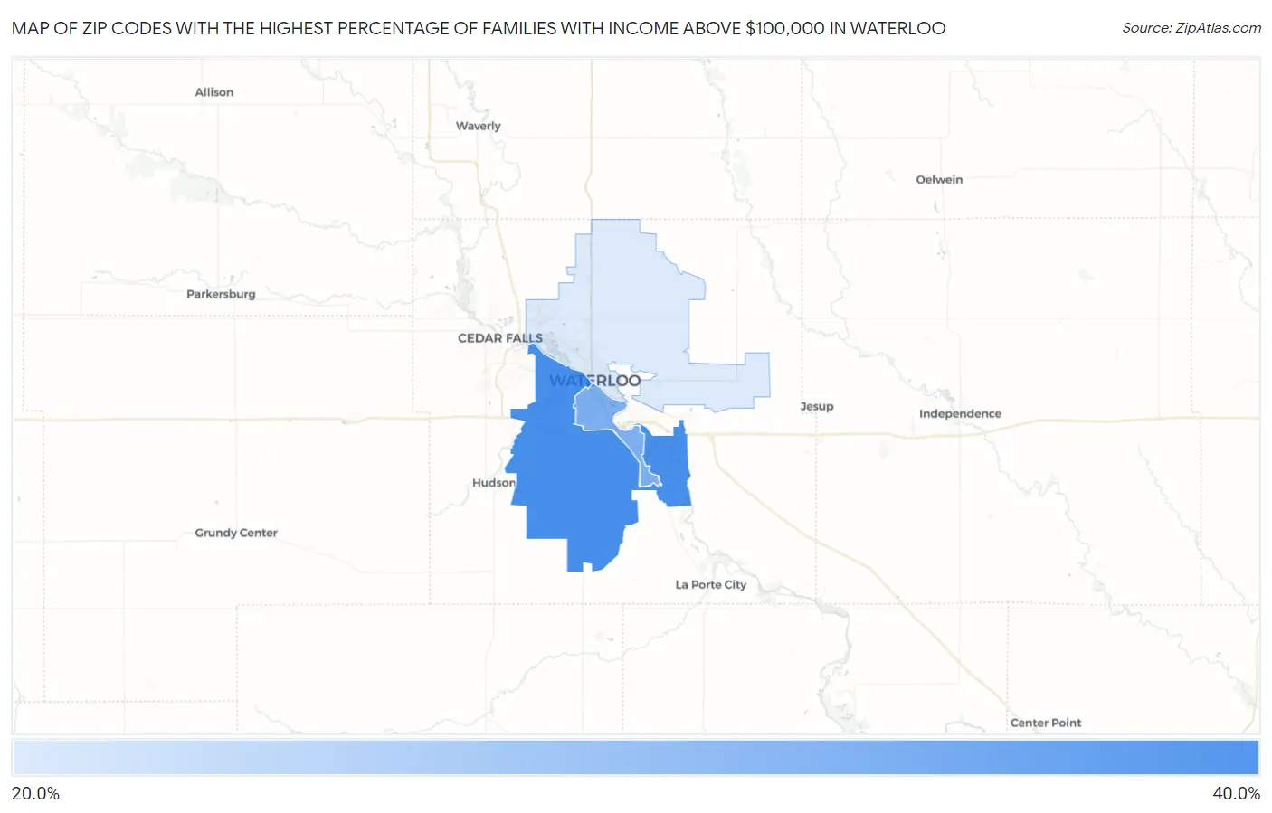 Zip Codes with the Highest Percentage of Families with Income Above $100,000 in Waterloo Map