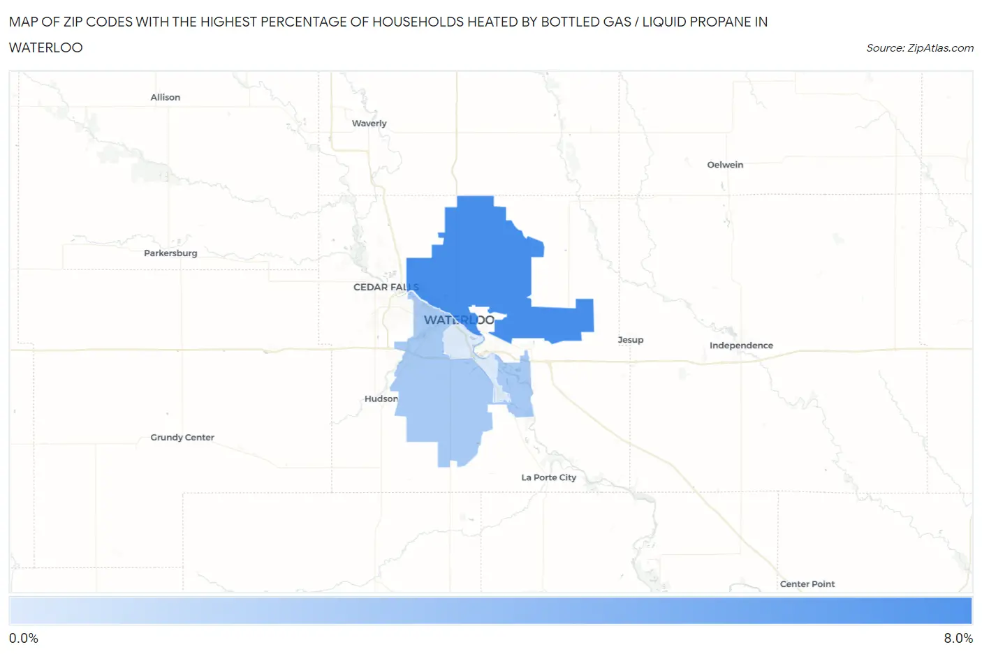 Zip Codes with the Highest Percentage of Households Heated by Bottled Gas / Liquid Propane in Waterloo Map