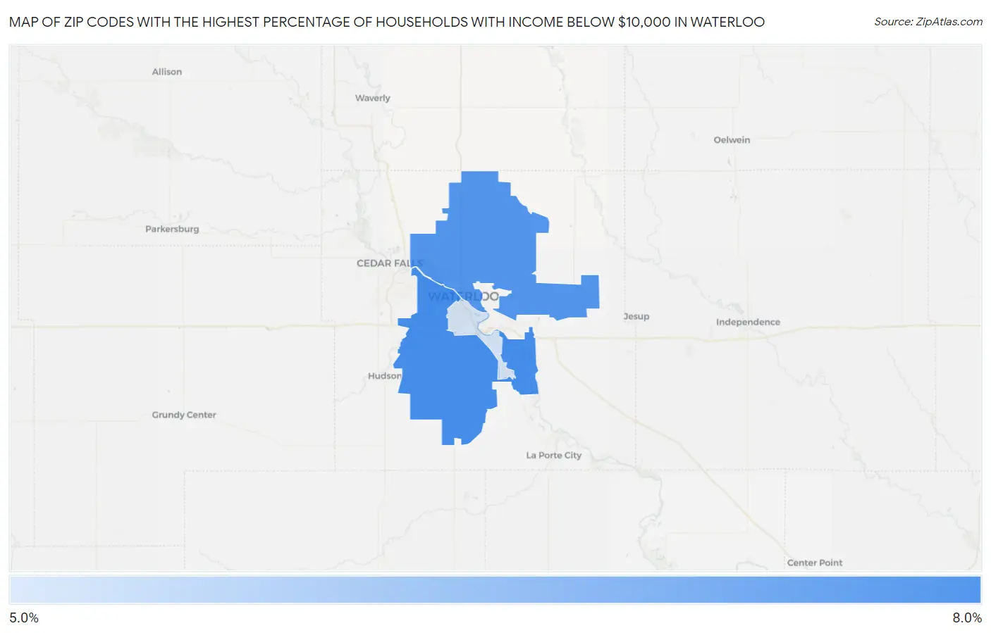 Zip Codes with the Highest Percentage of Households with Income Below $10,000 in Waterloo Map