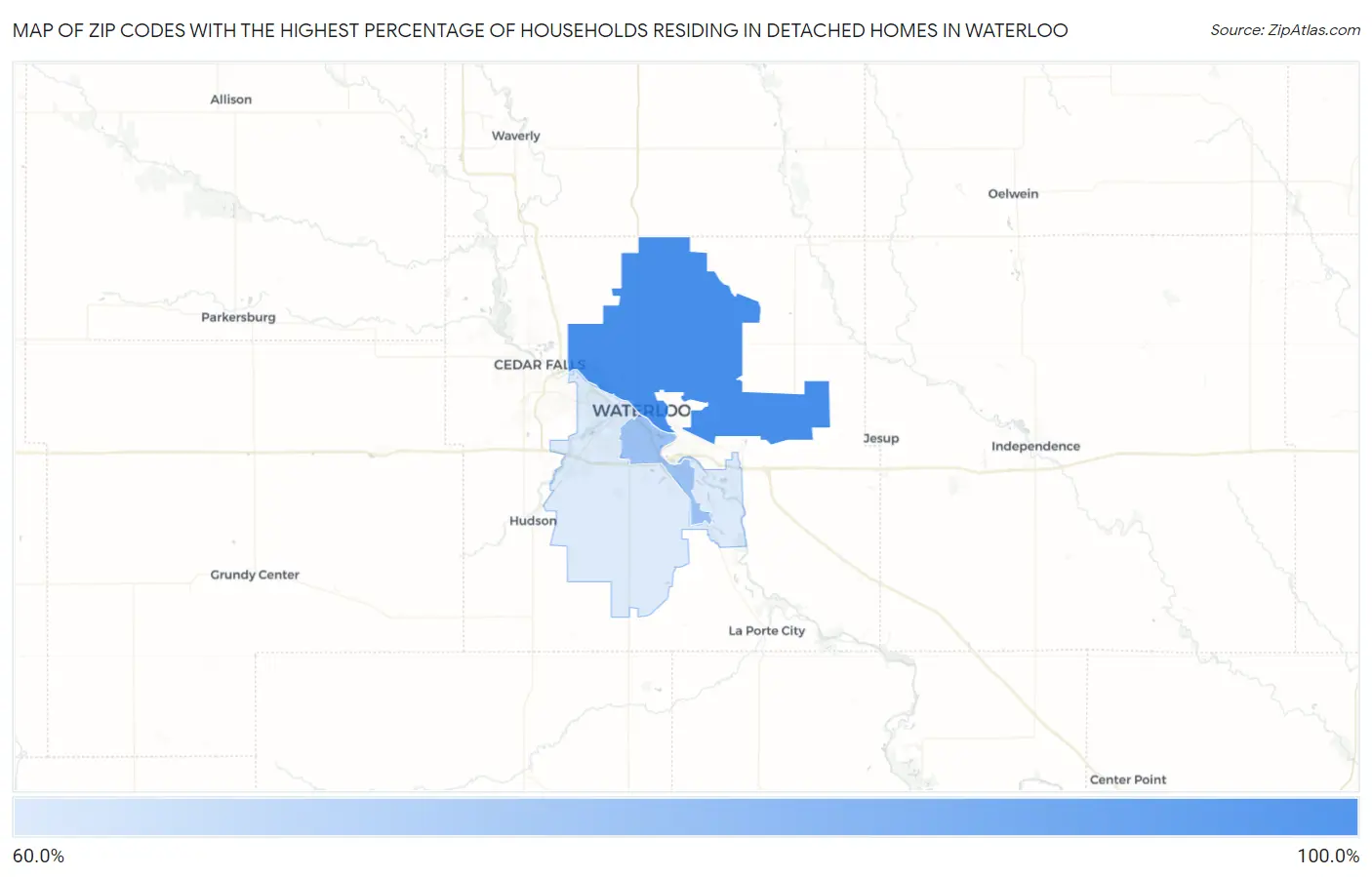 Zip Codes with the Highest Percentage of Households Residing in Detached Homes in Waterloo Map