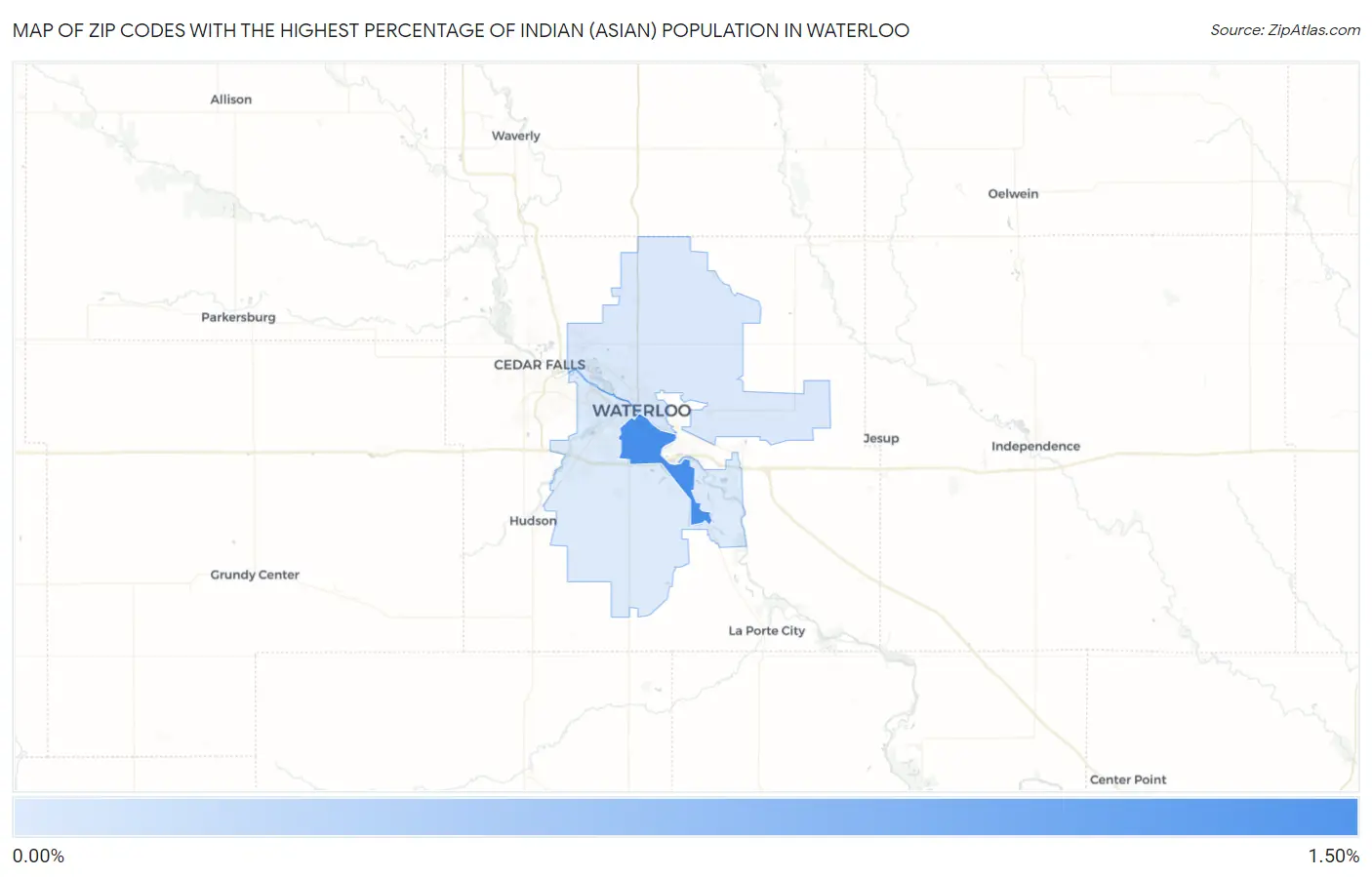 Zip Codes with the Highest Percentage of Indian (Asian) Population in Waterloo Map