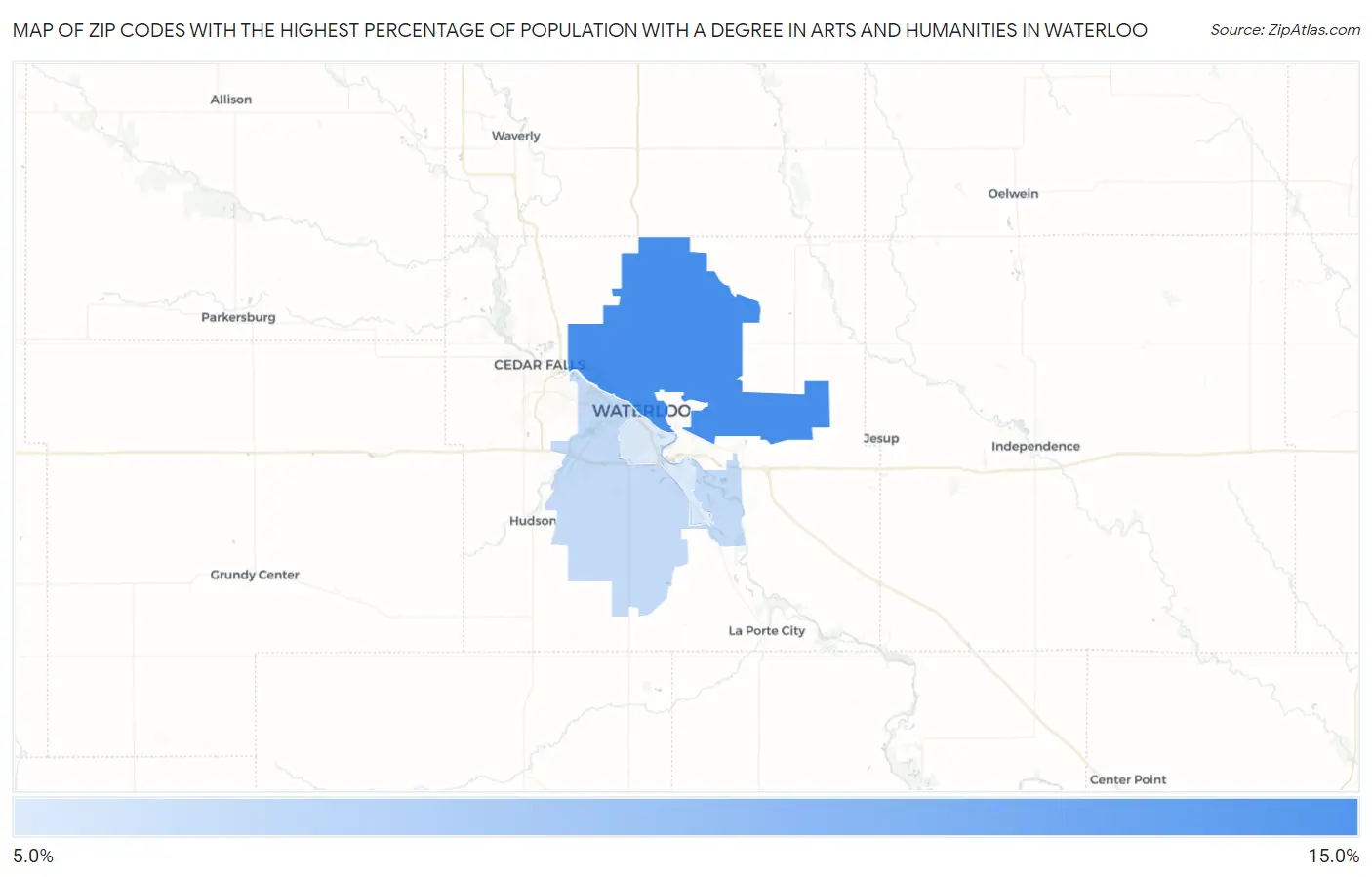 Zip Codes with the Highest Percentage of Population with a Degree in Arts and Humanities in Waterloo Map