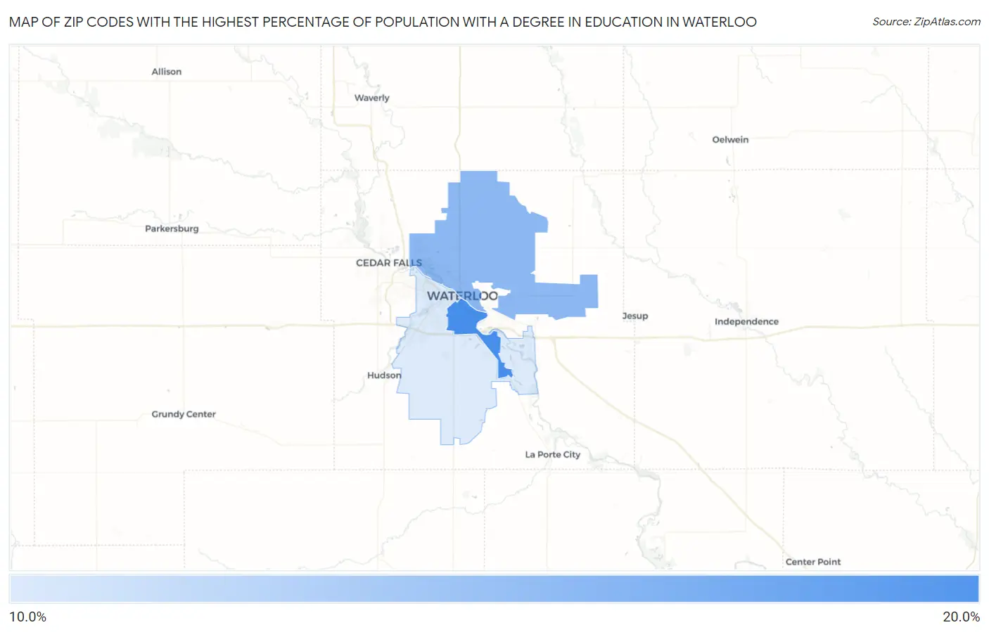 Zip Codes with the Highest Percentage of Population with a Degree in Education in Waterloo Map