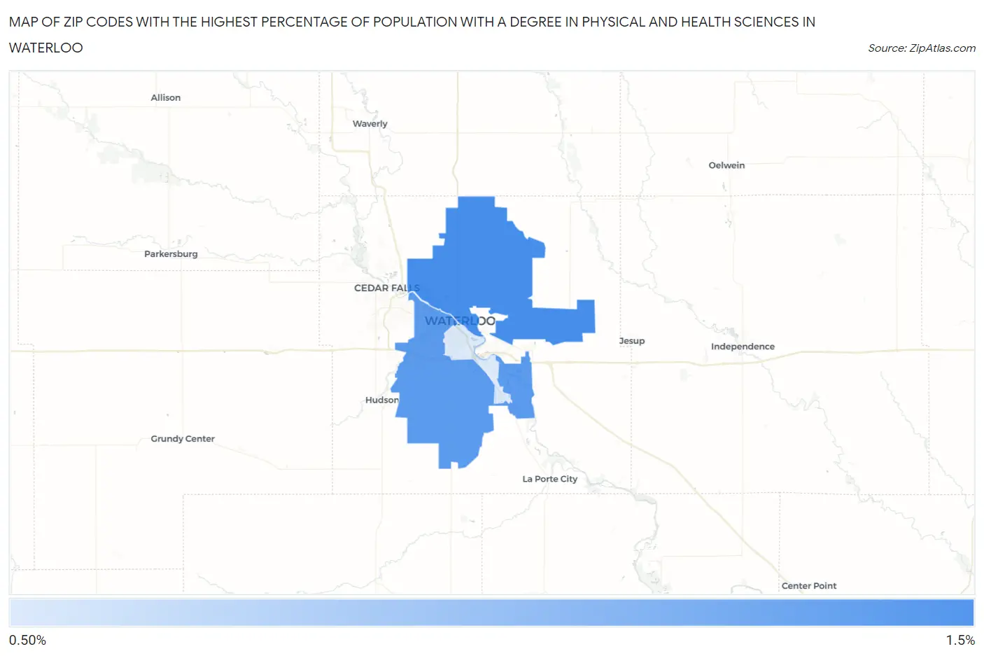 Zip Codes with the Highest Percentage of Population with a Degree in Physical and Health Sciences in Waterloo Map
