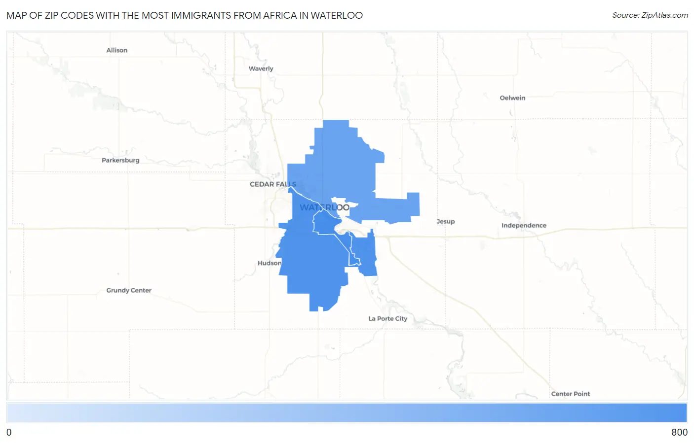 Zip Codes with the Most Immigrants from Africa in Waterloo Map