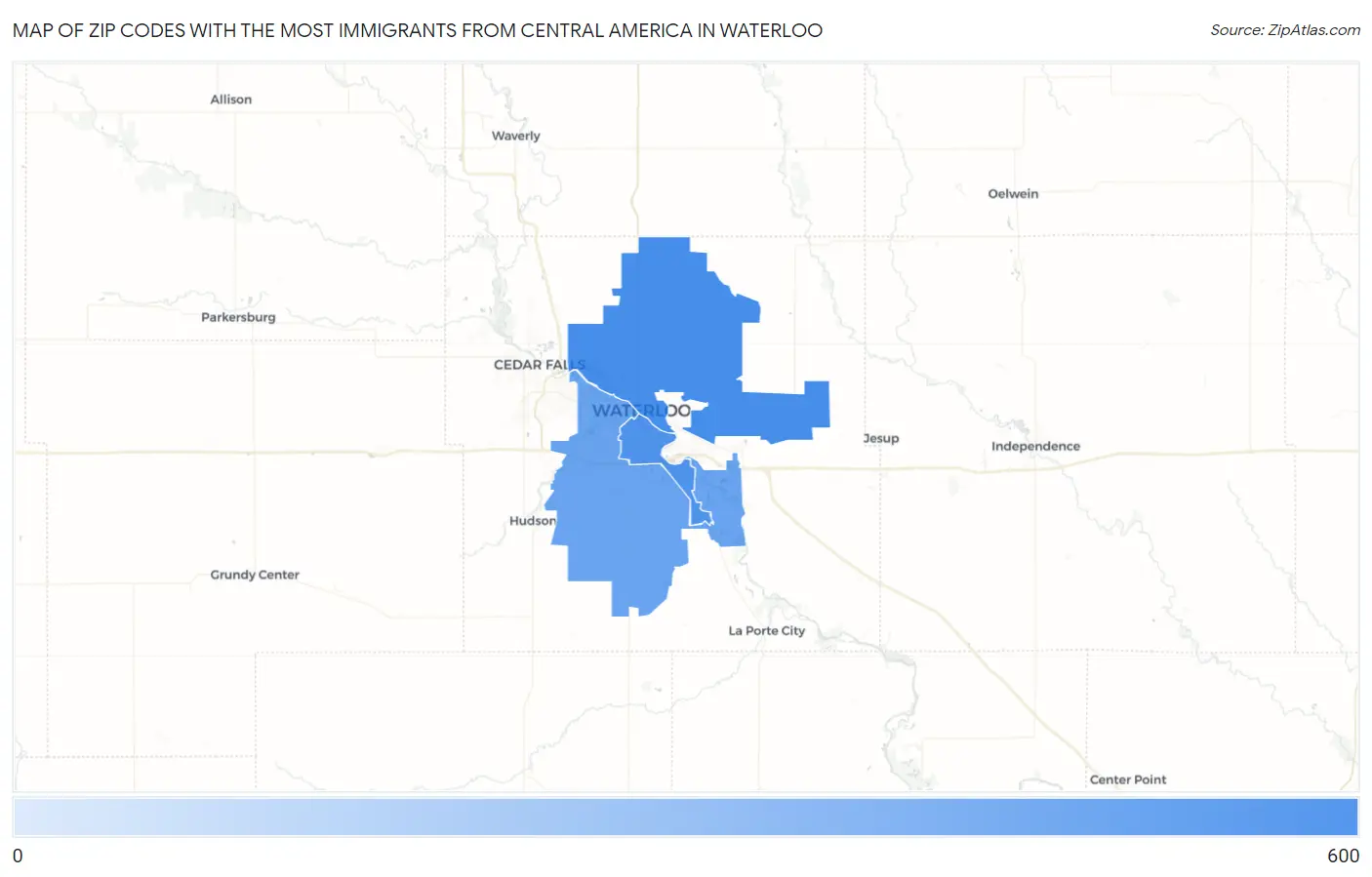 Zip Codes with the Most Immigrants from Central America in Waterloo Map