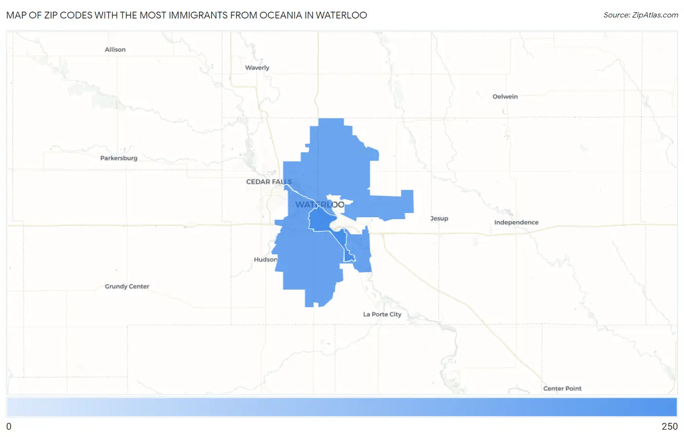 Zip Codes with the Most Immigrants from Oceania in Waterloo Map