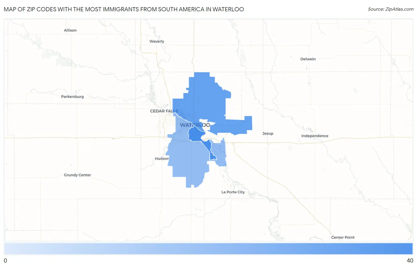 Zip Codes with the Most Immigrants from South America in Waterloo Map