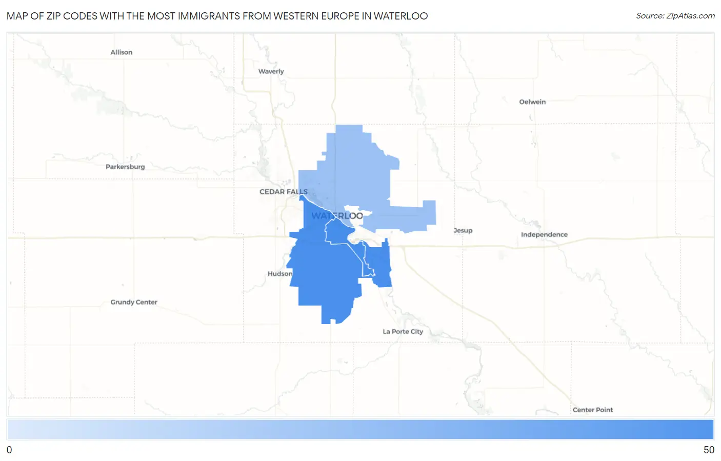 Zip Codes with the Most Immigrants from Western Europe in Waterloo Map