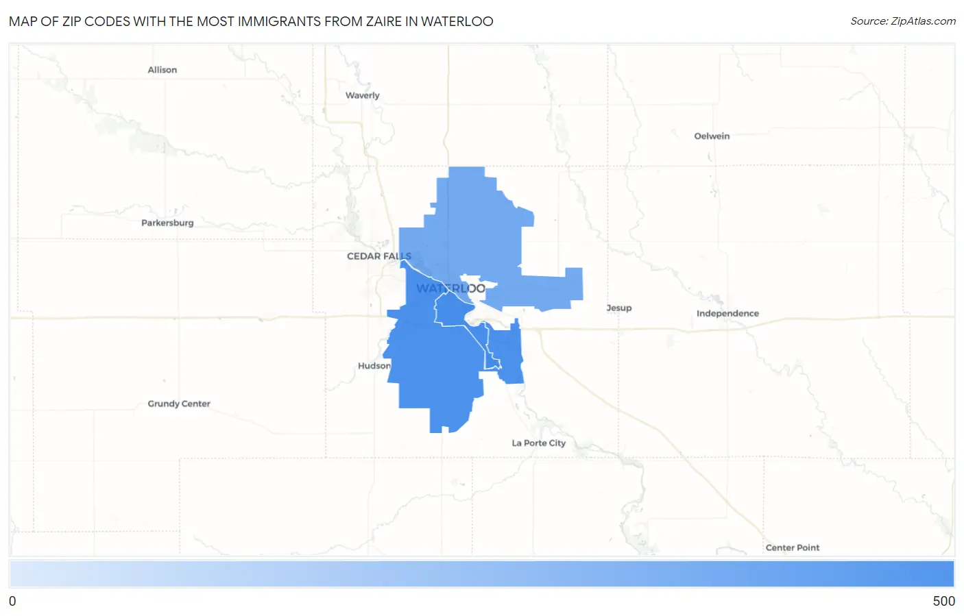 Zip Codes with the Most Immigrants from Zaire in Waterloo Map