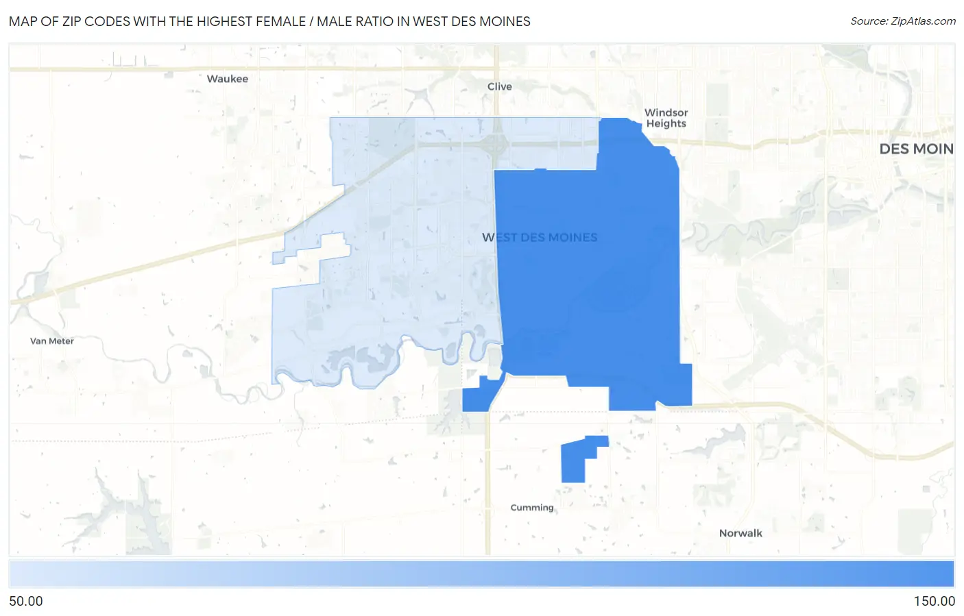 Zip Codes with the Highest Female / Male Ratio in West Des Moines Map