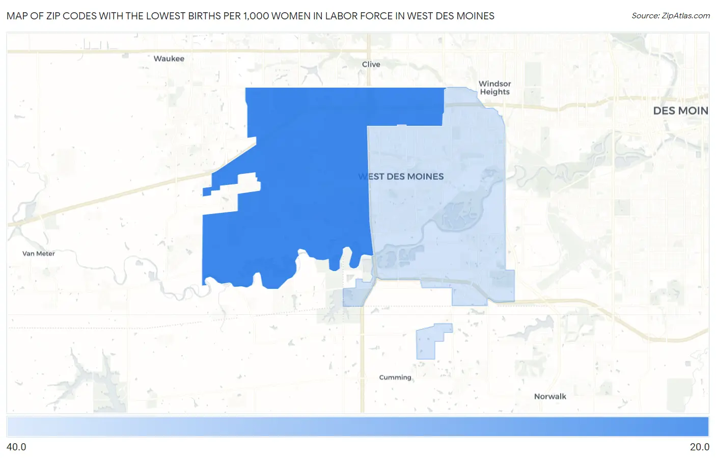 Zip Codes with the Lowest Births per 1,000 Women in Labor Force in West Des Moines Map