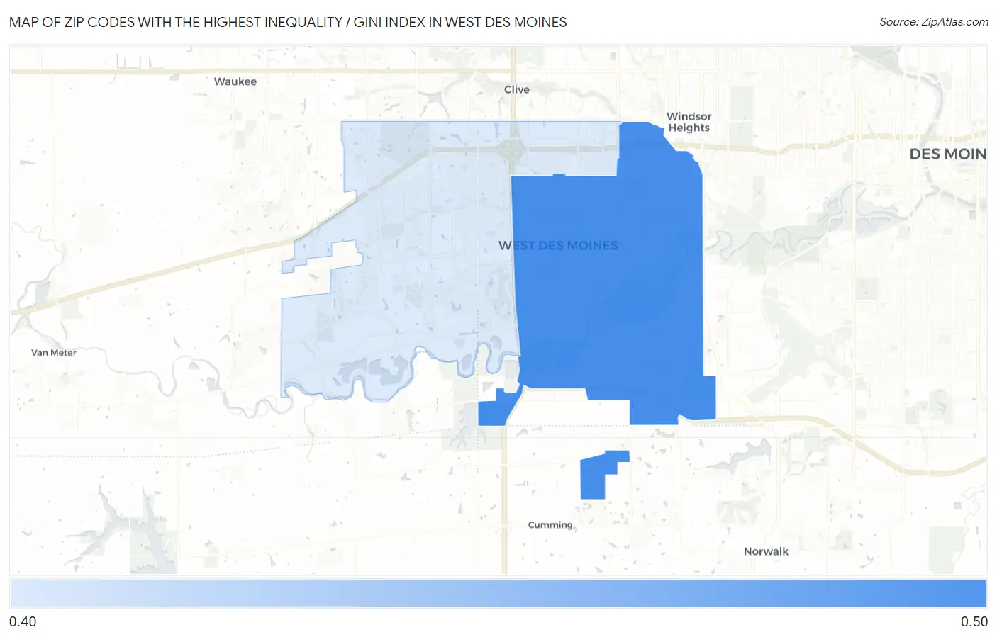 Zip Codes with the Highest Inequality / Gini Index in West Des Moines Map