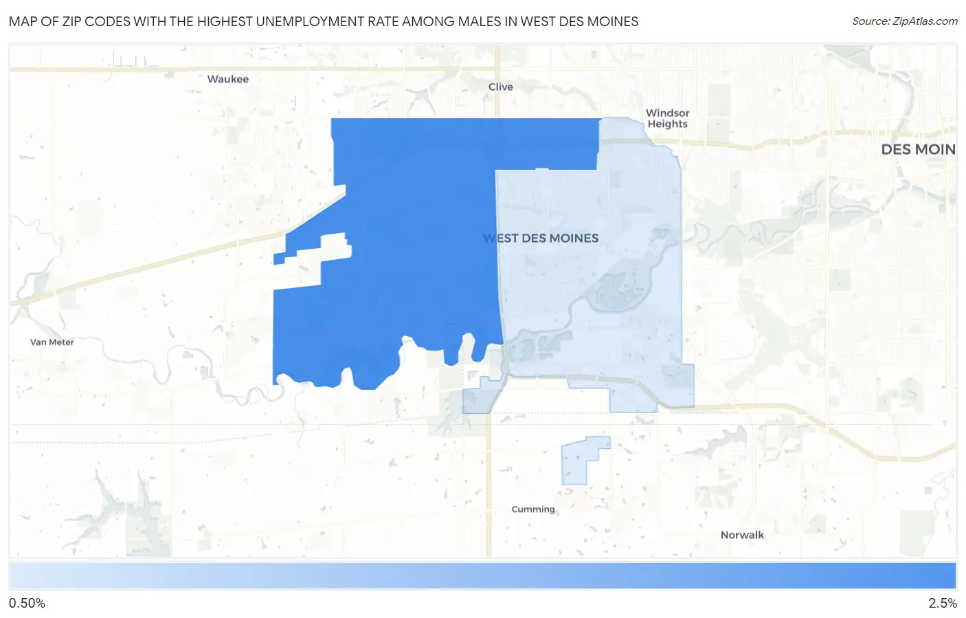 Zip Codes with the Highest Unemployment Rate Among Males in West Des Moines Map
