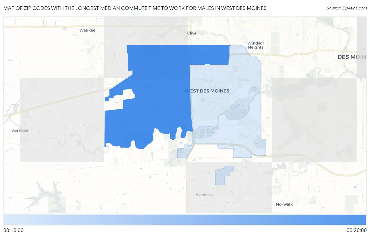 Zip Codes with the Longest Median Commute Time to Work for Males in West Des Moines Map