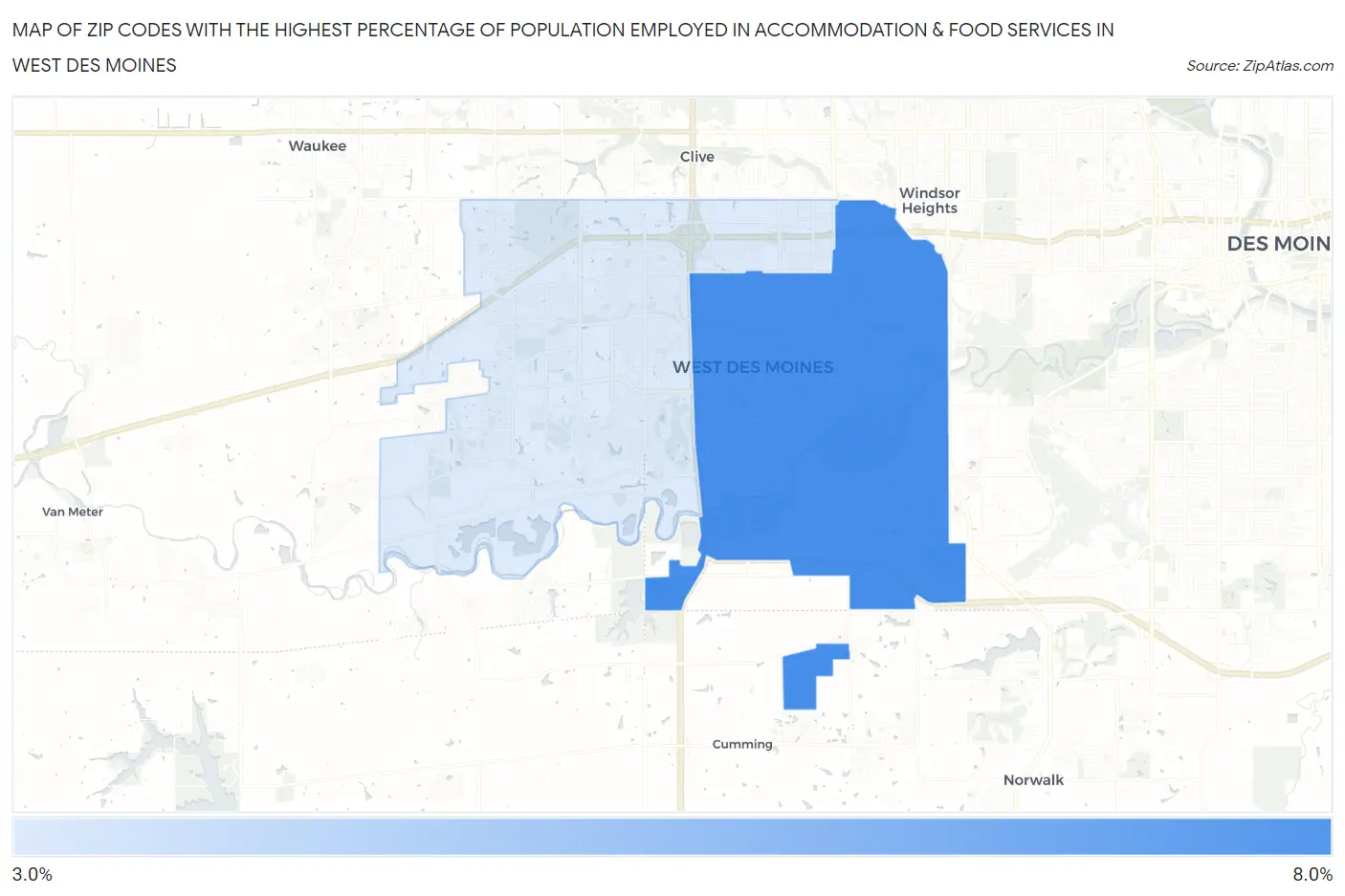 Zip Codes with the Highest Percentage of Population Employed in Accommodation & Food Services in West Des Moines Map