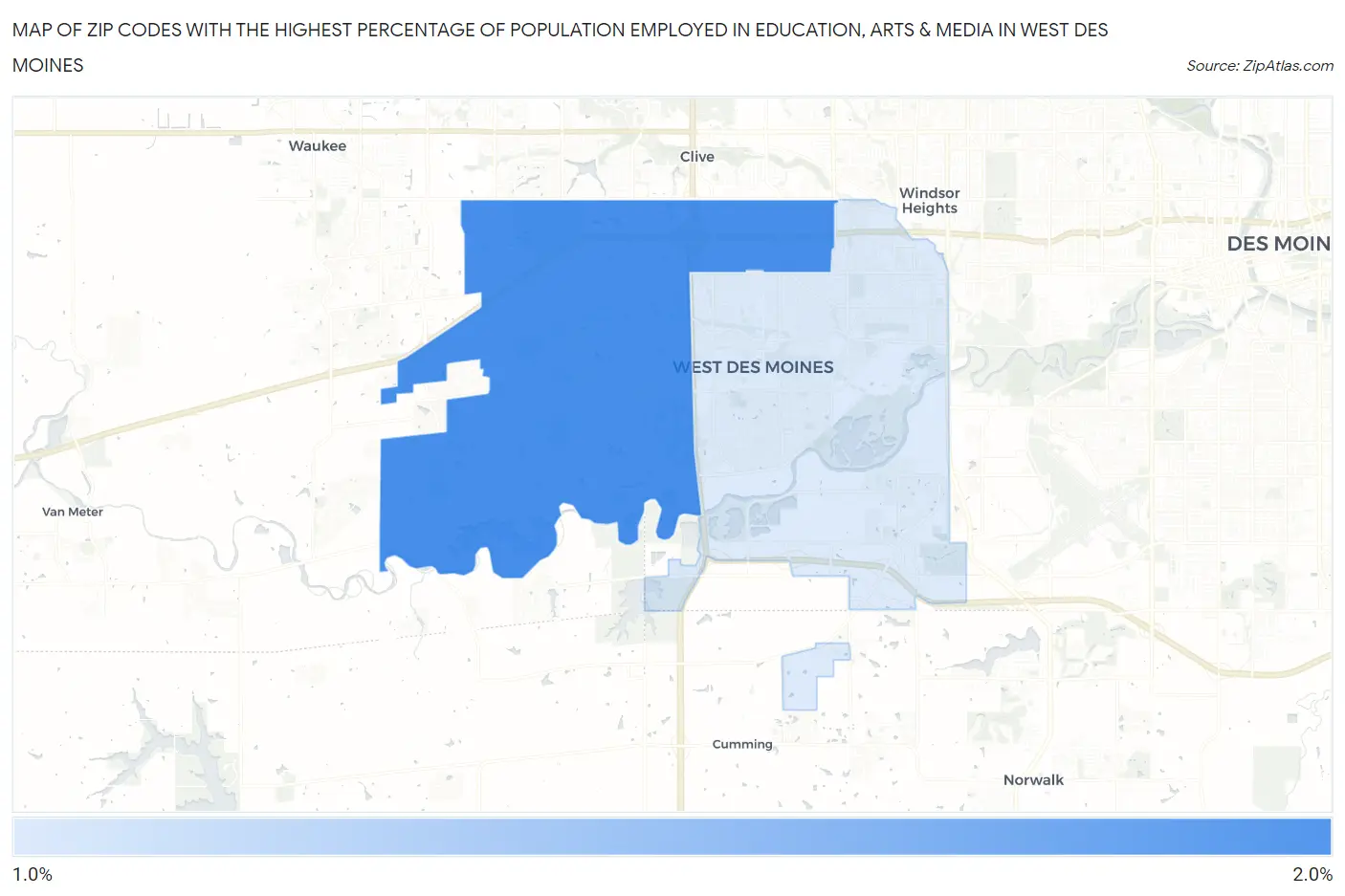 Zip Codes with the Highest Percentage of Population Employed in Education, Arts & Media in West Des Moines Map