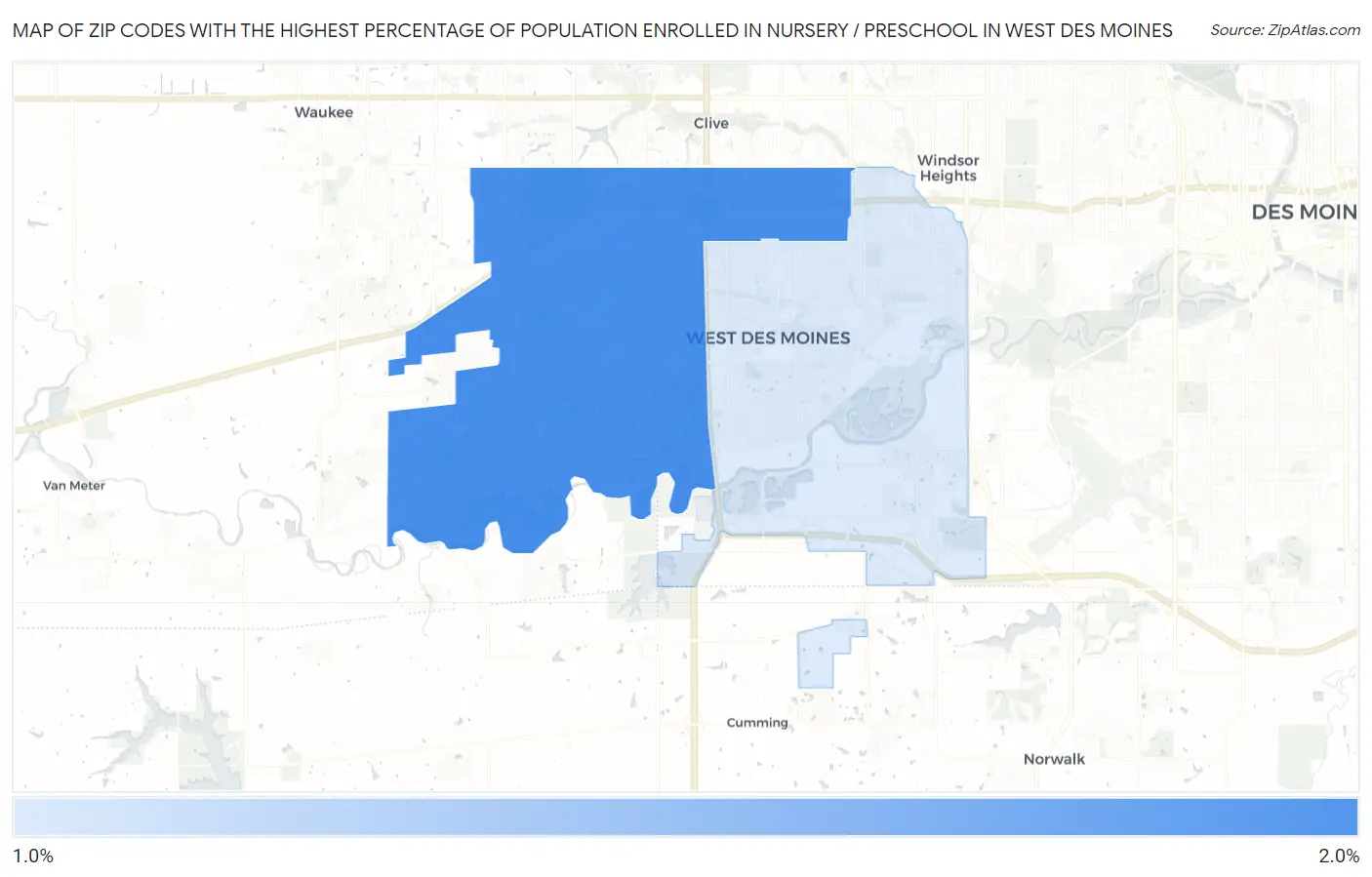 Zip Codes with the Highest Percentage of Population Enrolled in Nursery / Preschool in West Des Moines Map