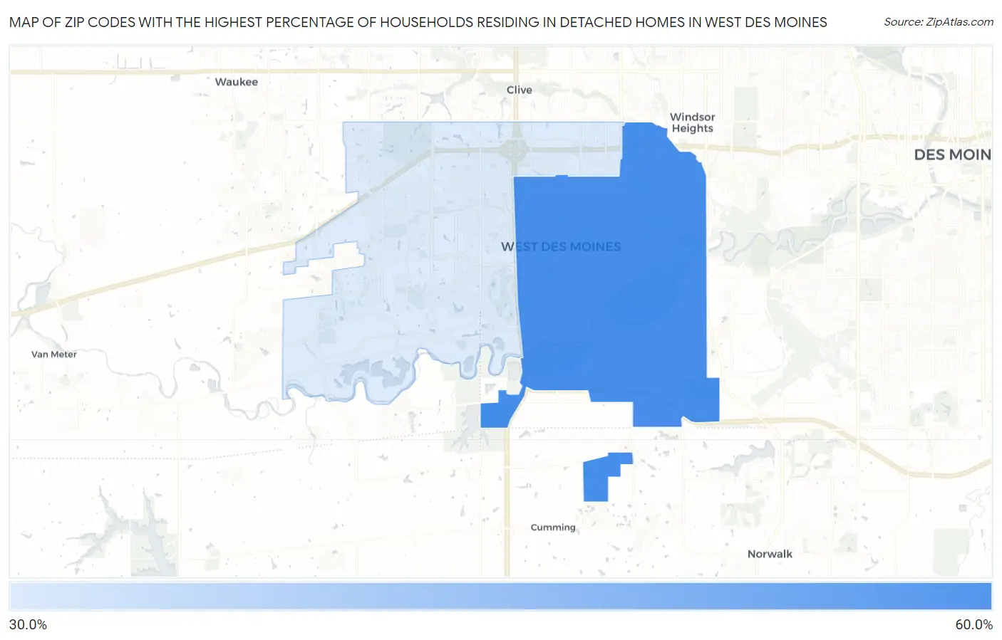 Zip Codes with the Highest Percentage of Households Residing in Detached Homes in West Des Moines Map