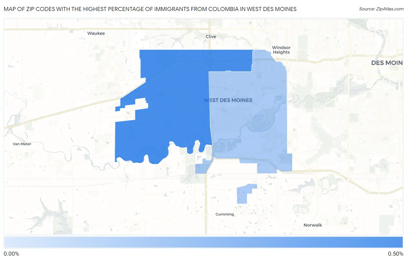 Zip Codes with the Highest Percentage of Immigrants from Colombia in West Des Moines Map