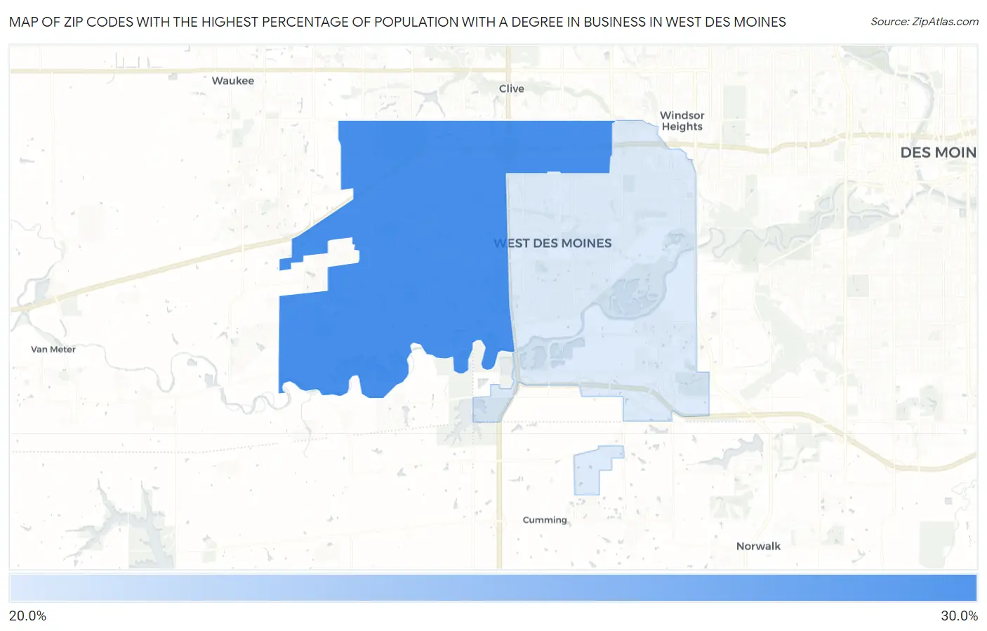 Zip Codes with the Highest Percentage of Population with a Degree in Business in West Des Moines Map